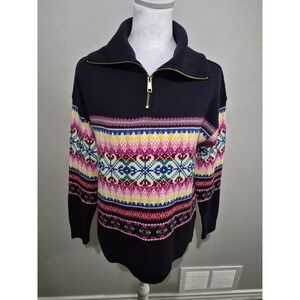 Talbots Fair Isle Half Zip Mock Neck Wool Blend Sweater SP Boho Artsy Colorful